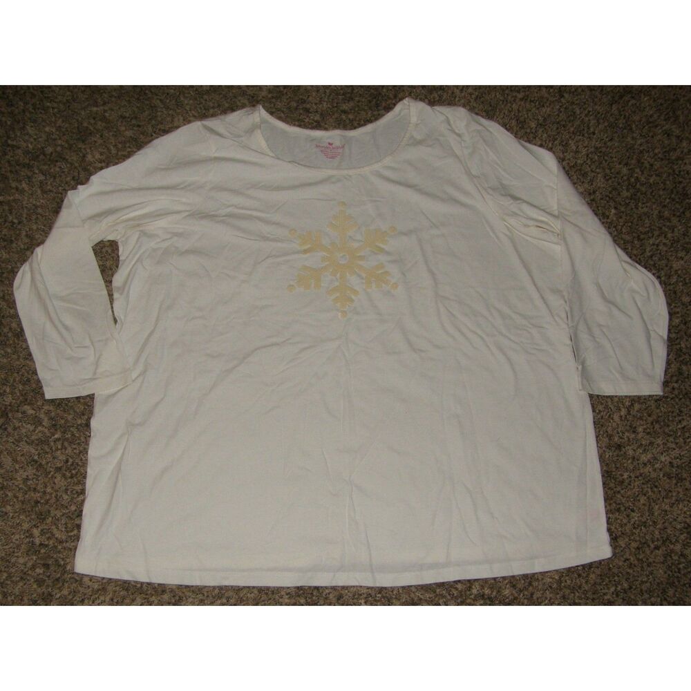 WOMAN WITHIN Sequin Snowflake Plus Sz 30/32 Cream Long Sleeve Holiday Tee Shirt